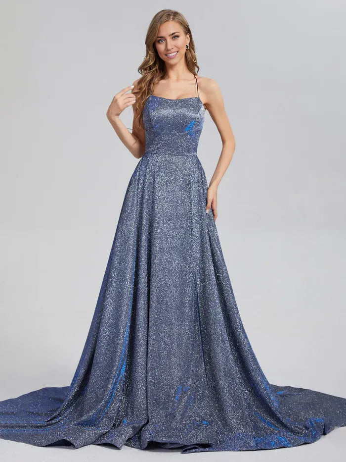 Sparkly A-line Spaghetti Straps Sleeveless Crisscross Back Court Train Prom Dress